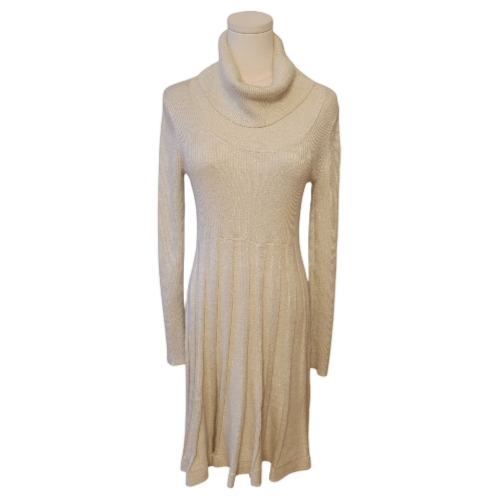Calvin Klein Winter White & Gold Cowl Sweater Dress Size Small